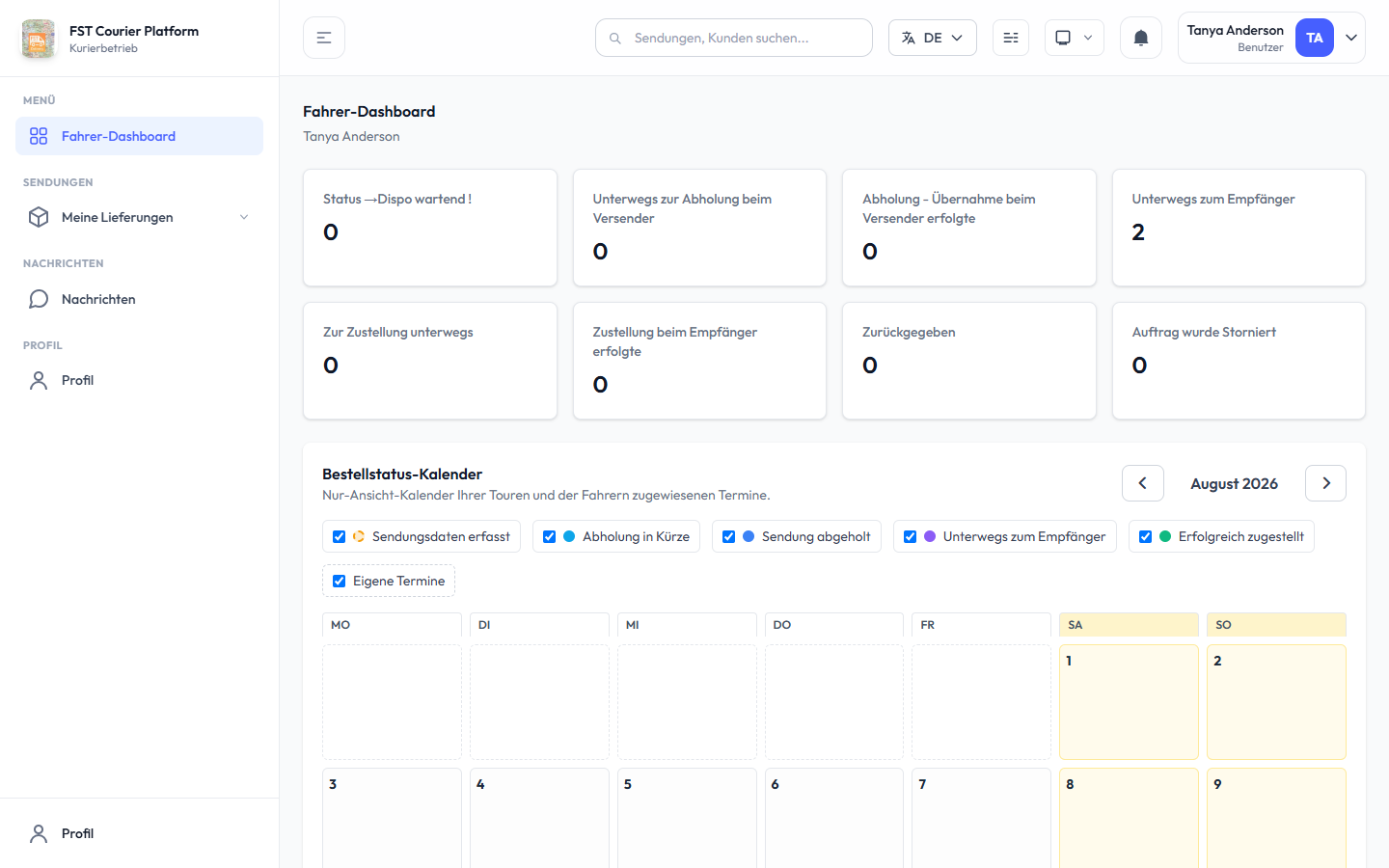 Fahrer-Dashboard und Tourenkalender